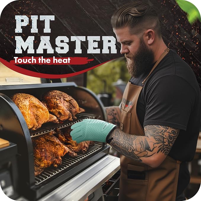 KITCHEN PERFECTION XL Silicone Smoker BBQ Gloves -Heat Resistant Oven Mitts | Waterproof, 5-Finger Design For A Better Grip, for Pitmasters, Meat Smoking, Grilling, Cooking, Frying Turkey | Grill Gift