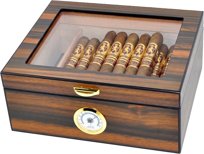 Cigar Humidor - Holds 25-50 Cigars - Spanish Cedar Wood - Tempered Glass Top Display - Metal Handle, Divider, Humidifier, Hygrometer - Santos Rosewood