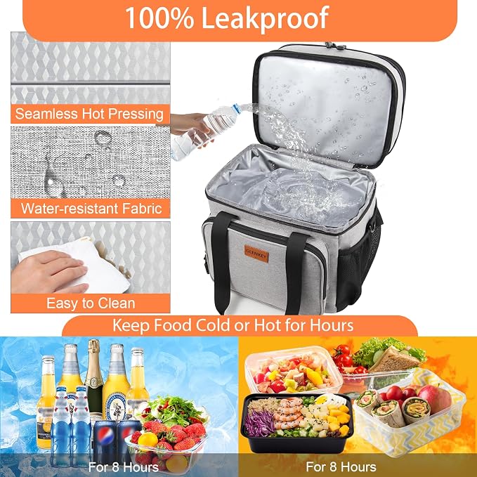 Expandable Lunch Box Cooler Bag - Insulated Soft Lunch Bag for Men Women - Large Lunchbox for Adults Work Camping Outdoor Travel Grey 16L