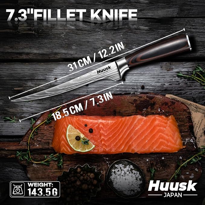 Huusk Fillet Knife for Meat with Wood Handle, Flexible Filet Knife for Fish | 7 Inch Japanese Stainless Steel Boning Knife for Chicken & Meat Processing, Comfortable Grip Handle, Gifts for Men
