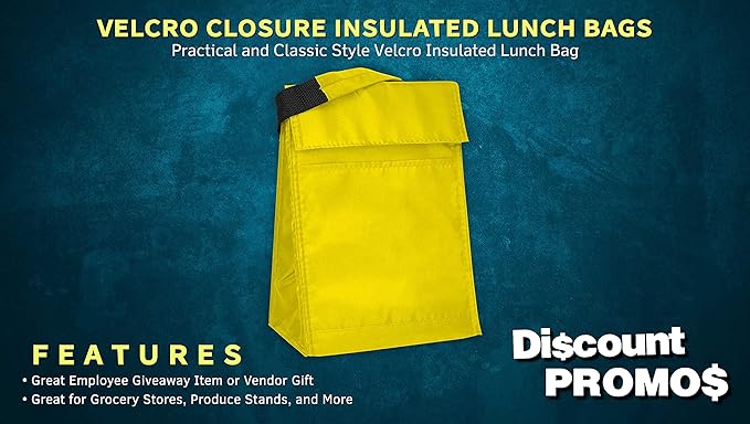 DISCOUNT PROMOS 10 Hook and Loop Insulated Lunch Bags Set - Polyester, Durable, Vibrant, Reusable - Yellow