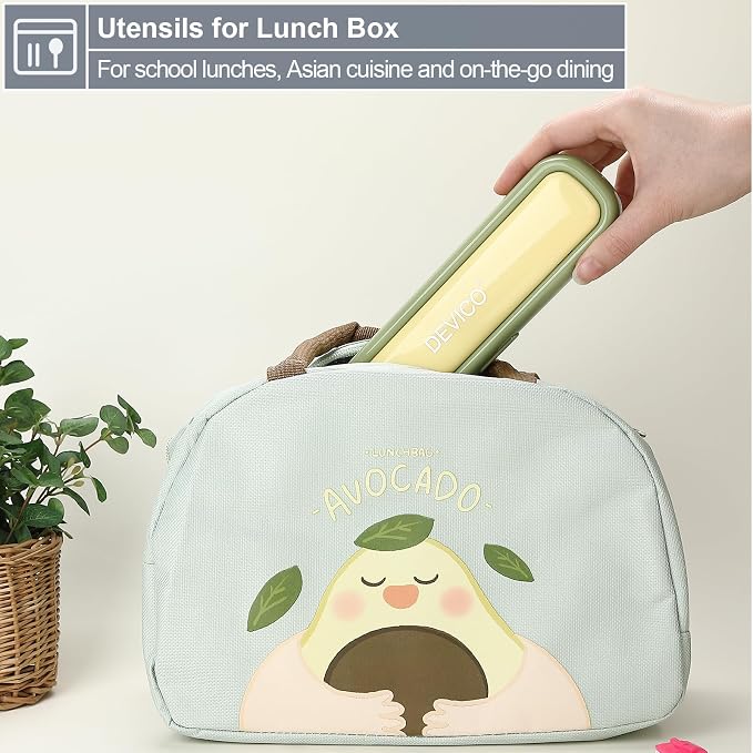 DEVICO Utensils for Lunch Box, Portabl Korean Chopsticks Fork and Spoon Set | 4Pcs 18/8 Stainless Steel Travel Silverware Set with Case, for Camping/School, for Kids/Adults, Dishwasher Safe, Green-Yellow