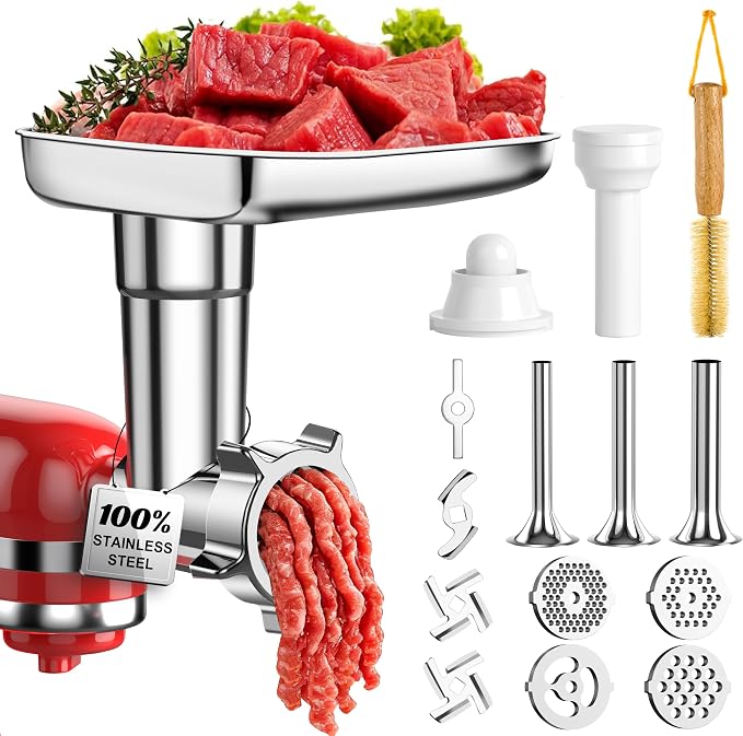 100% Polished Stainless Steel Meat Grinder Attachment for KitchenAid Mixer, Dishwasher Safe Food Grinder Attachment Anti-Corrosion, 18-Piece Set Includes 3 Seamless Sausage Stuffers, 4 Grinding Plates