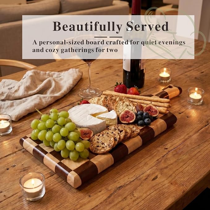 Checkered Wooden Cutting Board with Handle | 15" x 7" x 1" Thick | Acacia & Rubber Wood | Cheese & Charcuterie Serving Board | Meat, Bread, Fruit & Vegetable Prep