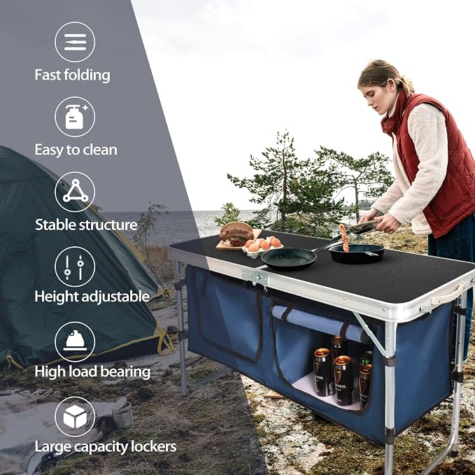 CampLand Outdoor Folding Table Aluminum Lightweight Height Adjustable with Storage Organizer for BBQ, Party, Camping