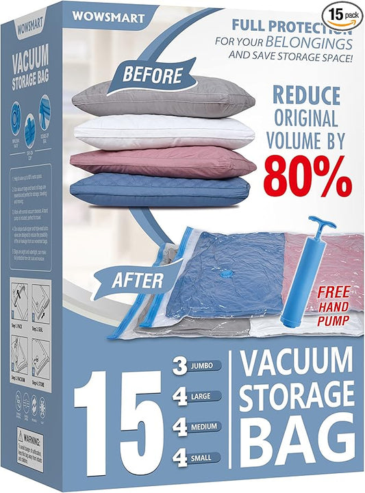 15 Pack Vacuum Storage Bags with Hand Pump, 80% Space Saver Vacuum Seal Storage Bags for Clothing, Travel Lugggage, Blankets, Comforters