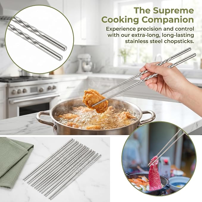 Hiceeden 12 Pairs 15 Inches Extra Long Cooking Chopsticks, Stainless Steel Reusable Frying Chopsticks, Metal Japanese Korean Chinese Hotpot Chopstick with Anti-Slip Threaded for Noodles, Silver