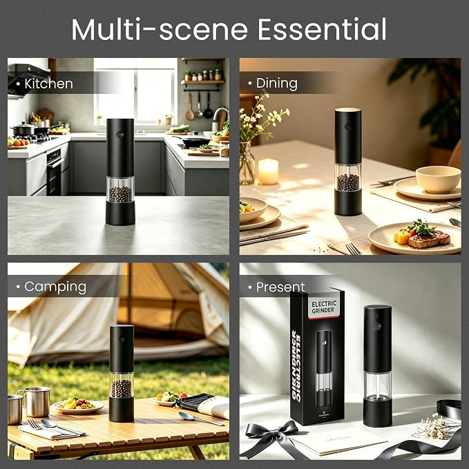 USB Rechargeable Grinder Set With Storage Base, 1 Pack (Black) | USB Charging & Adjustable Coarseness, No Light Design, Ideal For Cooking, Picnic And Restaurant Seasoning