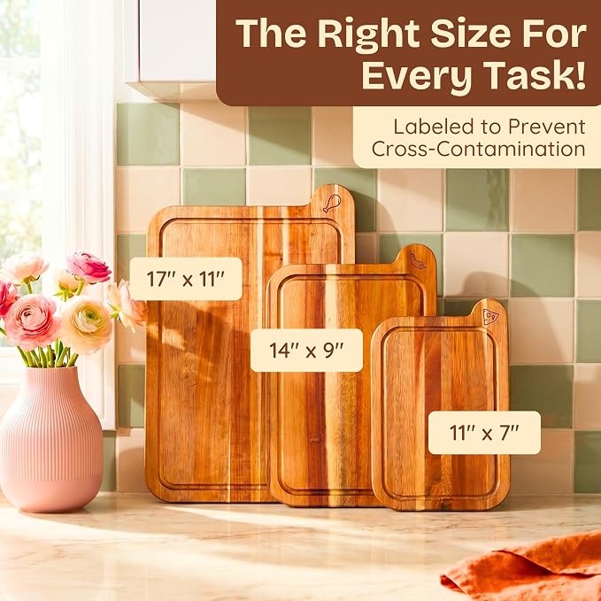 Non-Toxic Acacia Cutting Board Set of 3, Mineral Oil Free, Plastic Free | Petroleum free. No BPA. FSC-certified wood. 3 sizes: 17x11, 14x9 & 11x7 in. Beeswax, flaxseed & lemon oil finish.