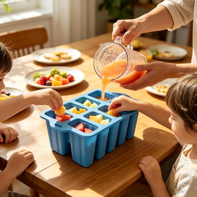 10-Cavity Silicone Popsicle Molds, BPA Free Homemade Ice Pop Maker, Blue | BPA Free Non-Stick, Easy Release, Comes with 100 Sticks, Bags, Brush & Funnel,Ideal for DIY Frozen Desserts,Kids & Home Use