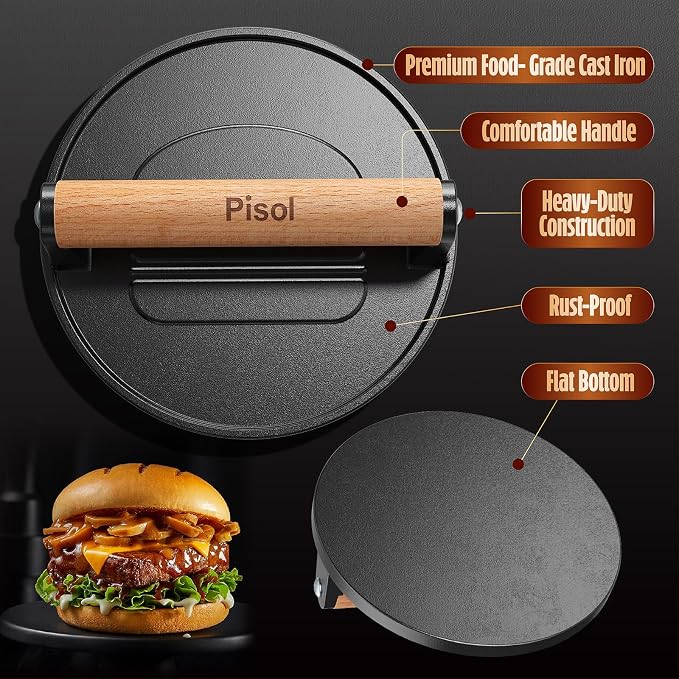 Pisol Pre-Seasoned Cast Iron Smash Burger Press, 2 lb Meat Press Tool, 2PCS | Rustproof, Pre-Seasoned, Flat Bottom, Wooden Handle, Dishwasher Safe, No Stick, Easy to Clean, 6.6'' Wide, 2lb