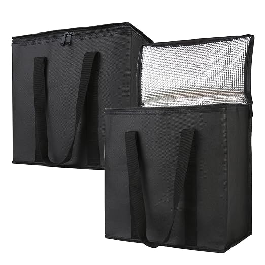 Bodaon 2-Pack Insulated Reusable Grocery Shopping Bags, Medium, Black, | Picnic Cooler Bag with Zippered Top Cold, Insulated Food Delivery Bag for Commercial Rideshare, Collapsible Tote Bags, Picnic