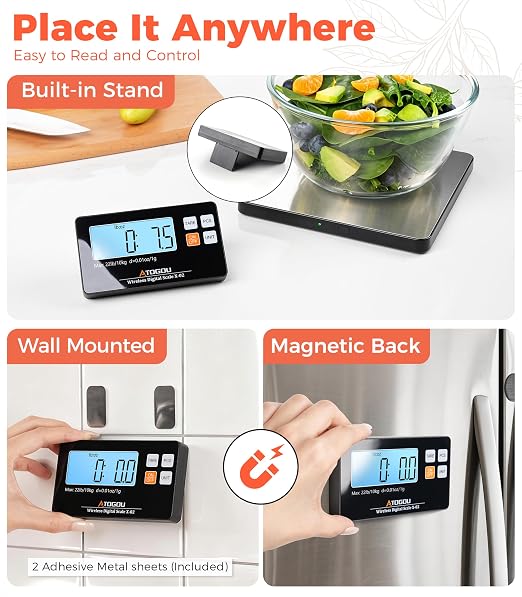 Atogou Wireless Kitchen Scale, 22lb/10kg Food Scale with Detachable Display & Larger Platform, 0.01oz/1g, 9 Units, Counting Function, Stainless Steel, for Cooking, Baking, Shipping, Sliver