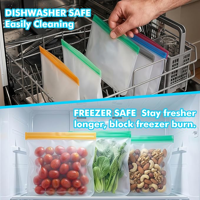 10 Pack Reusable Gallon Freezer Bags Reusable Sandwich Bags Dishwasher Safe, Silicone Leakproof Food Storage Bags BPA Free, Freezer Bags for Marinate Meat Snack Sandwich Meal Prep Travel Kitchen