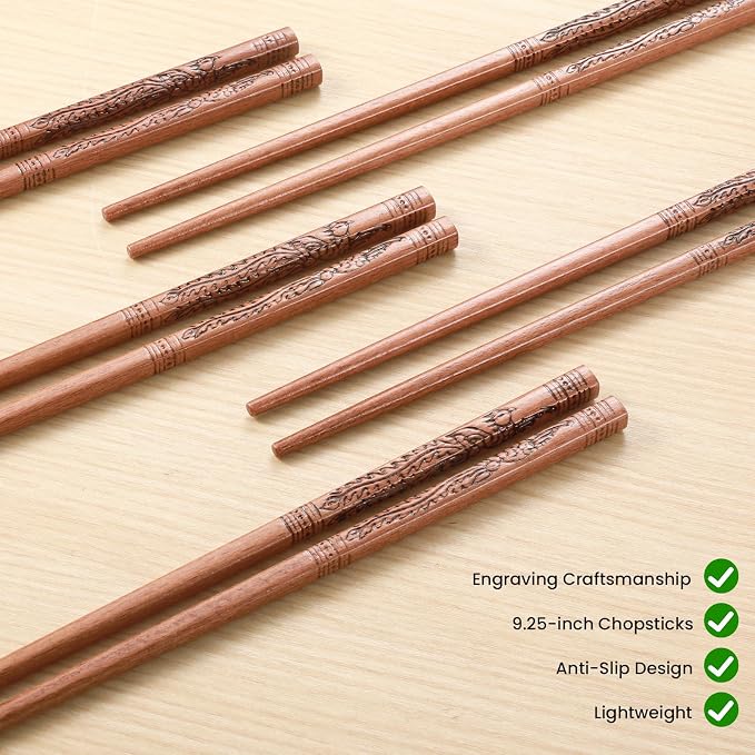 Reusable Chopsticks, Hand-Carved Phoenix Design Wooden Chopstick, Chinese Chopsticks Reusable Dishwasher Safe, Chop Sticks Gift Sets - 4 Pairs