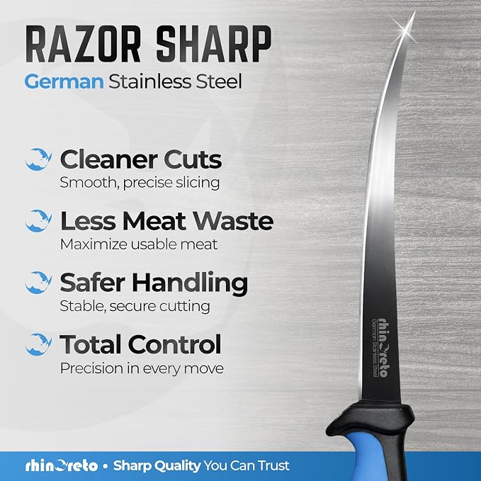 Rhinoreto Fillet Knife for Fish - Razor Sharp G4116 German Stainless Steel Blade, 6.5 Inch Professional Filleting & Boning Knife with Non-Slip Handle, Protective Sheath & Sharpener