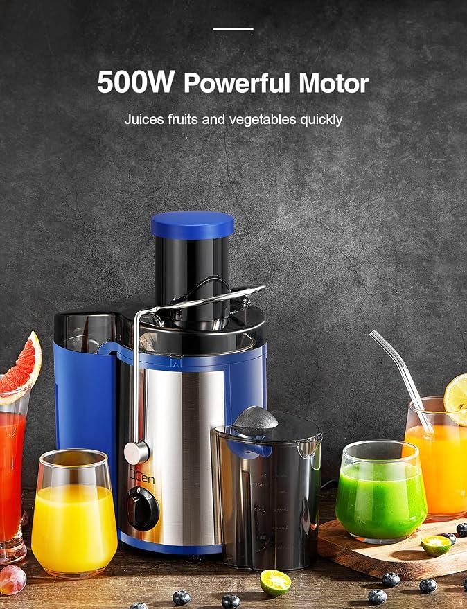 QCen Juicer Machine 500W Centrifugal Juicer with Extra Wide Feed Chute | For Fruits And Vegetables, Stainless Steel, BPA-Free Parts, Easy To Clean, Blue, Compact Countertop Juicer