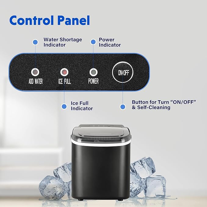 YSSOA Portable Ice Maker for Countertop, 9 Ice Cubes Ready in 6 Mins, 26lbs Ice/24Hrs, with Self-Cleaning Feature, Ice Spoon and Basket, for Home Kitchen Office Camper RV, Black
