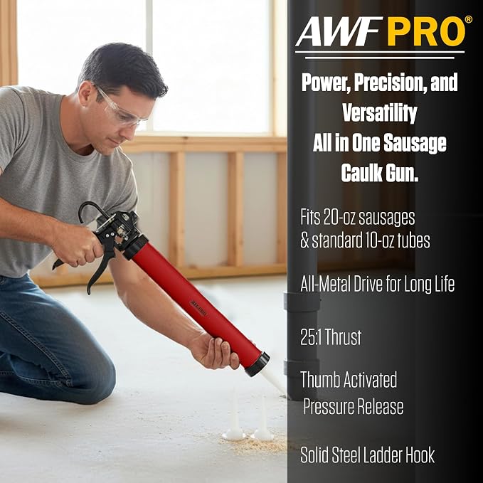 AWF PRO Sausage Caulking Gun 20 oz, 25:1 Thrust Ratio, Pack of 12 | 20 oz Foil Pack and 10 oz Cartridge Convertible, Aluminum Barrel, Includes 3 Tips