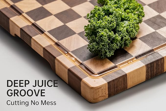 Cutting Boards for Kitchen, Checkered Wooden Cutting Board | 14"x11" Walnut End Grain Chopping Board with Juice Groove & Handle, Serving Tray for Prep Meat, Bread & Fruit
