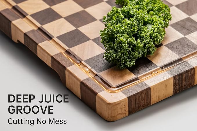 Cutting Boards for Kitchen, Checkered Wood Cutting Board | Walnut Chopping Board with Juice Grooves & Handles, Butcher Block Serving Tray with Gift Box 16" x 11" x 0.8"