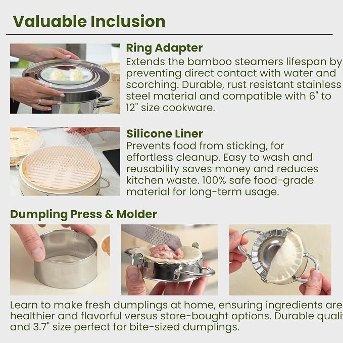 Bamboo Steamer 10 Inch - Dumpling Steamer Basket 2 Tier, Bamboo Steamers For Cooking Dumplings, Bao Bun, Dim Sum, Rice Potsticker & Veggie Food Steaming Basket with Steel Rims, Handles & Accessories