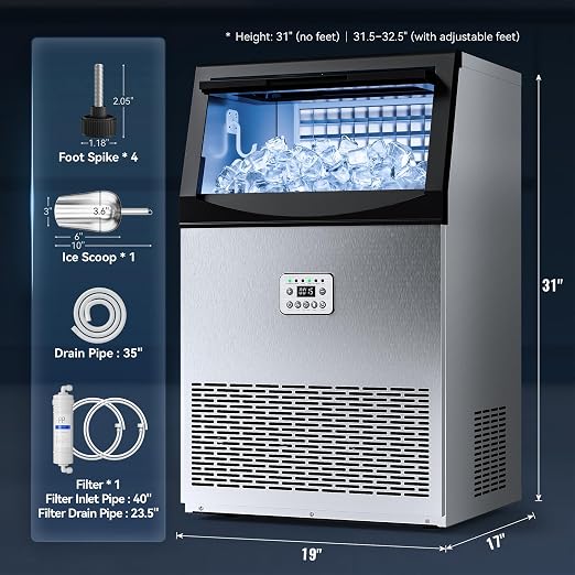 Commercial Ice Maker Machine, 110LBS/24H with 50 Ice Cubes, 33LBS Ice Storage Capacity, Stainless Steel Freestanding & Under Counter Ice Maker with Water Filter for Home, Bar, Cafe, Outdoor