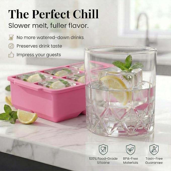 KitchFort® Large Silicone Ice Cube Tray (3-Pack), Easy Release 2" Big Ice Cubes - Cocktail, Whiskey Ice Cubes Mold - Ice Trays for Freezer with Lid - Stackable Silicone Ice Tray - Pink