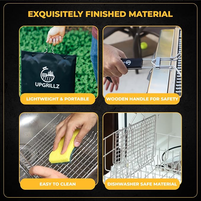 2 Set Fish Grill Baskets for Outdoor Grill Vegetables, Fish Grilling rack for Grill, BBQ Grilling Basket, Stainless steel Grill Basket for Veggies, shrimp Includes 50 skewers, Silicon Brush, and Carry Bag