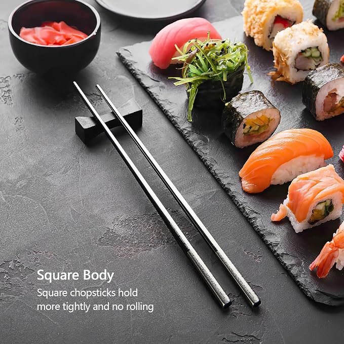IQCWOOD 5 Pairs 18/8 Stainless Steel Chopsticks – Non-Slip Laser Engraved Metal Chopsticks for Asian Food Sushi Ramen Pho, Reusable & Dishwasher Safe Gift Box