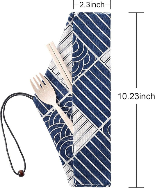 Tatuo 5 Pcs Reusable Chopstick Pouch Kit, Portable Utensil Travel Case Bag for Stainless Steel, Glass, Straw, Cleaning Brush, Safety ＆ Impact Resistance, Back to Gifts(Japanese,Navy Blue)