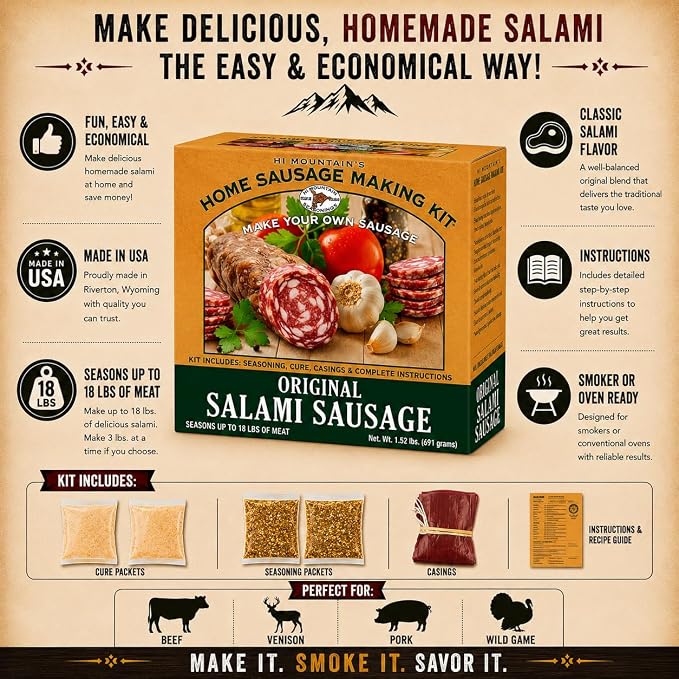Hi Mountain SALAMI Seasoning Kit | Complete Salami-making kit with seasoning, cure & 10 casings. Beef, pork, venison, deer, elk & wild game. Makes up to 18 lbs