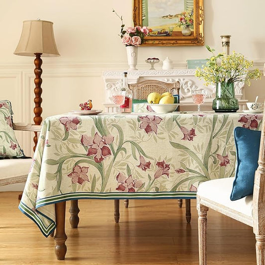patdrea Designer Linen Green Rectangle Tablecloth,Framhouse Violets Pattern Floral Extra Long Tablecloths,Table Cover Decor for Kitchen Dining Christmas,Thanksgiving,Tea Party,63"x110"-Tara a