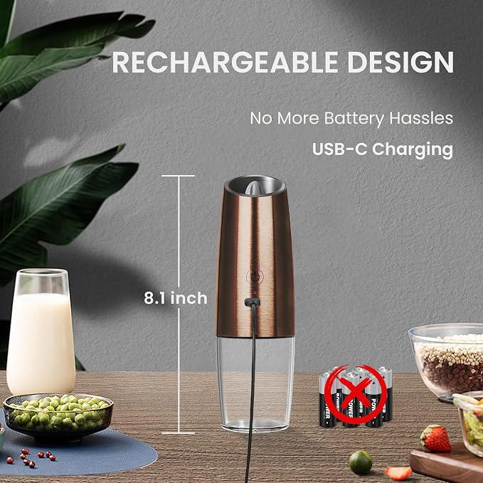 Rechargeable Salt And Pepper Grinder Set with LED Light, Automatic Electric Gravity Salt And Pepper Shakers Set, No Battery Needed, Adjustable Roughness, 2 Pack (Copper)