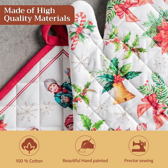 Maison d' Hermine 100% Cotton Oven Mitt & Pot Holder Set (7.5"x13" & 8"x8") | Heat Resistant BBQ Cooking Gloves with Loop Baking Grilling Kitchen Hotel Home Farmhouse Thanksgiving Christmas - Chromo