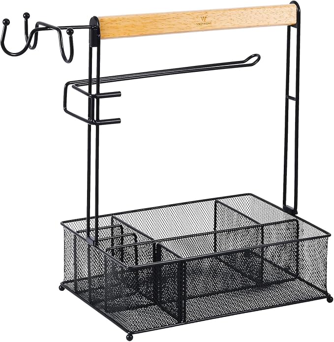 VIKEYHOME Grill Caddy, Picnic BBQ Organizer for Camping | Outdoor Mesh Basket with 3 Hanging Hooks and Paper Towel Holder, Ideal Table Storage Tools for RV Camper/Tailgating/Flatware