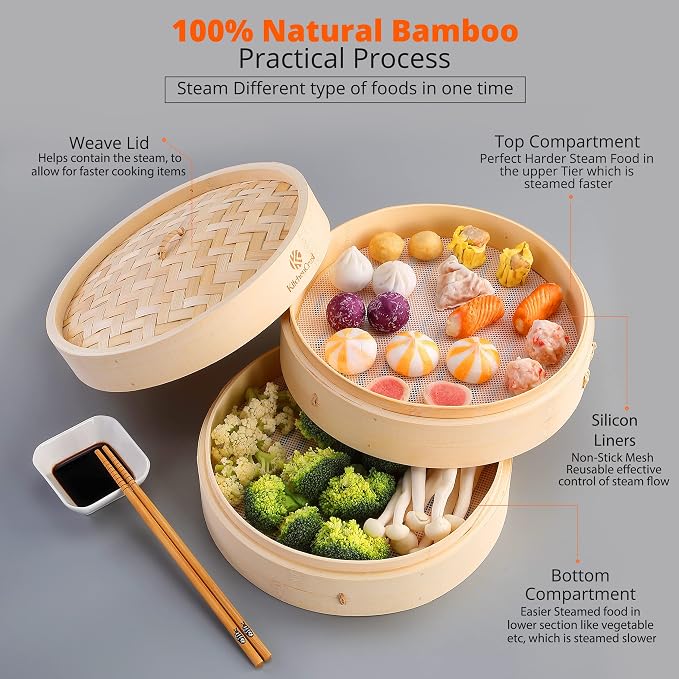 KITCHENCRUST Bamboo Steamer Basket for Chinese Asian Cuisine - 2 Tier 10-Inch Steaming Basket Bun Vegetable Bao Buns, Sauce Dish, Chopsticks, Reusable Liners