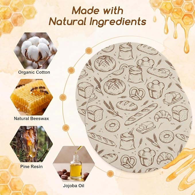 2Pcs Vintage Bakery Reusable Beeswax Bowl Covers Bread Sourdough Bowl Covers for Proofing Bakery Reusable Elastic Bread Sourdough Cover Wrap Dough Proofing Food Storage Kitchen Baking Supplies