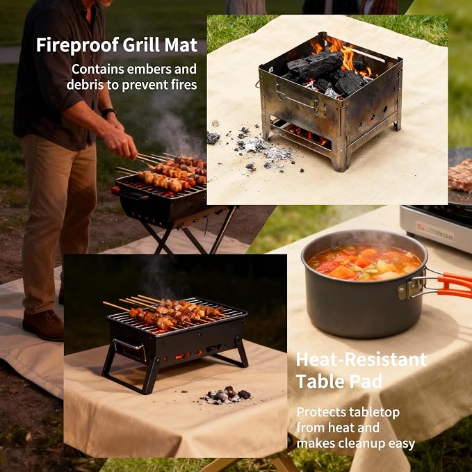 Fireproof Blanket,Made of Fiberglass with Bound Edges and Metal Perforations, can be Laid Flat or Hung up, Suitable for Camping, Home fire Protection,BBQ Grill mats (Khaki 23.75" x 31.5")