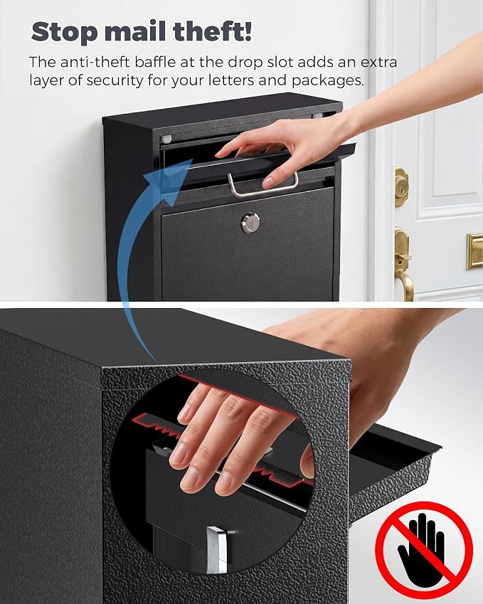 LAND·VOI Large Capacity Mailbox for Outside, Heavy Duty Rustproof, Locking Mailbox, 4 Replaceable Keys, Weatherproof Wall Mounted Mailbox for Residential & Apartment, 15.4"×11.8"×4.7", Black, Large