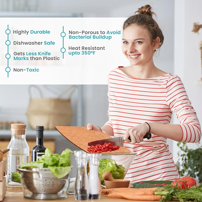 Wood Cutting Board for Kitchen - Dishwasher Safe Composite Chopping Board | Lightweight Wood Fiber, Heat Resistant to 350F, Knife Friendly, Non Slip, BPA Free Board for Meat, Bread, Vegetable and Fruit