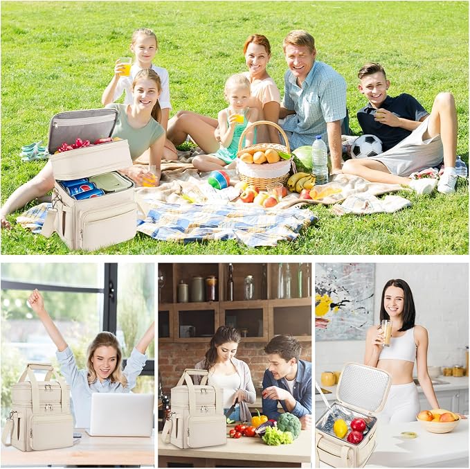 holuxer Insulated Lunch Bag & Lunch Box for Women - Double Deck Reusable Lunch Bag for men Tote Cooler Bag Leakproof Soft Expandable - Large Lunchbox for Work/Adult/Picnic/Outdoor (Cream，15L)