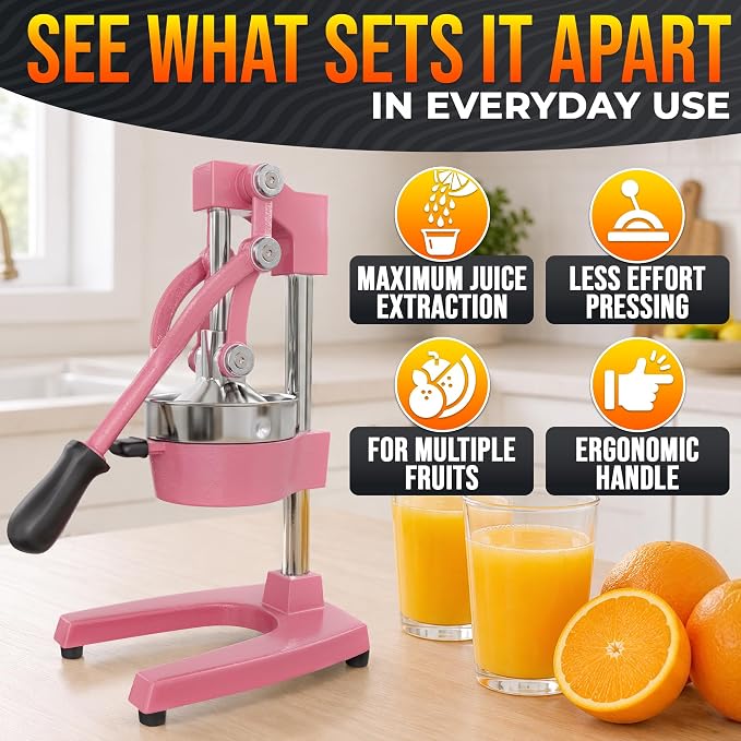 Cast Iron Juicer Hand Press, Heavy-Duty Squeezer, 304 Stainless Steel Bowl – One Pull Extracts Full Juice – Manual Citrus Press Juicer & Orange Squeezer for Lemon, Lime & Lemonade at Home Bar (Pink)