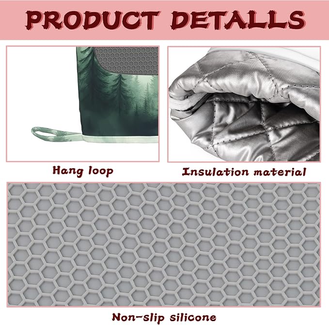 Misty Forest Mountain Heat-Resistant Silicone Oven Mitts and Pot Holders,Long Oven Gloves with Non-Slip Grip for Cooking, Baking, Grilling,BBQ