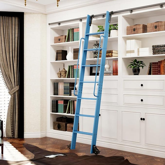 DIYHD 87" Rolling Library Ladder with Handrail, 4FT Sliding Rail, Blue | 7-Step lightweight ladder with space-saving upright storage, Telescopic top hooks, Locking bottom rollers, 300lbs capacity