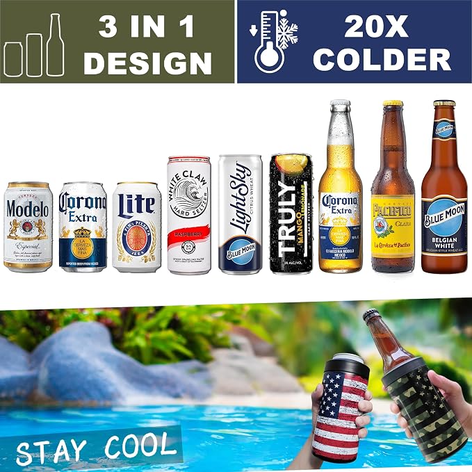 Universal Can Cooler - Signice 3 in 1 Insulated 12 oz Beer Can Insulator Stainless Steel Metal Holder for 12oz Slim Skinny Tall Standard Cans Bottle Hard Seltzer Soda Energy Drinks (Camouflage Flag)