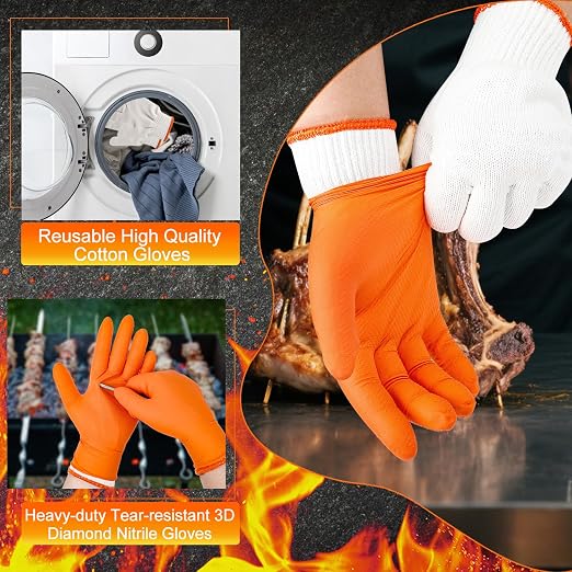 ANBOSON BBQ Gloves Disposable, Heat Resistant Grilling Gloves for Cooking | 10Mil Heavy Duty Nitrile Gloves-100Ct &4 Cotton Liners for Meat Handling Smoker for Hot Food Prep,Non-Slip Grip,XLarge,Orange