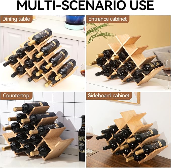 KIRIGEN Wood Wine Rack, 13-Bottle 4-Tier Countertop Holder, Natural, 4-NA | 22.28 x 5.9 x 13.9 In, Freestanding Wooden Rack Stores 13 Wine Bottles for Counters, Cabinets, Pantry Shelves, and Home Bars
