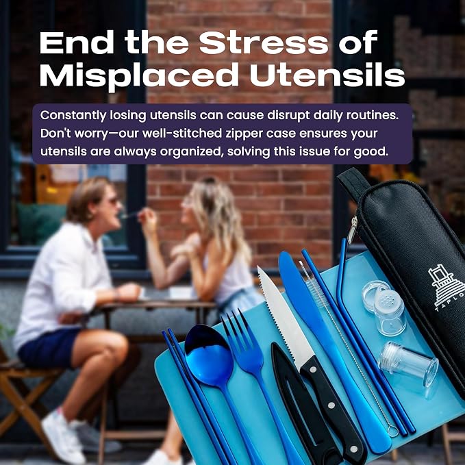 Taplord Portable Travel Silverware Set With Case, Includes 10 Pcs of Travel Utensils With Case, Stainless Steel Flatware Set For Camping, Lightweight (Blue)