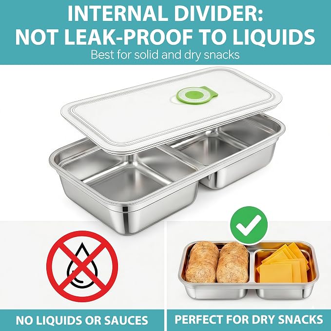 Stainless Steel Snack Containers, 6-Pack Reusable Grab and Go Containers with Lids, Dual Compartment Bento Box for Travel, Camping & Lunch Prep (Green)